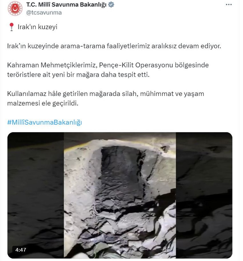 MSB: Pençe-Kilit bölgesinde tespit edilen mağarada silah ve mühimmat ele geçirildi - Resim : 1