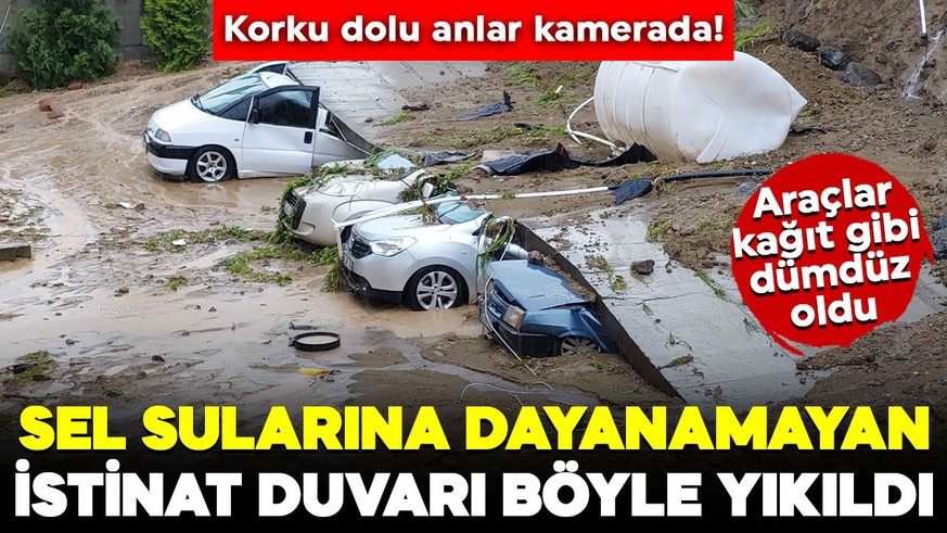Samsun'da sel sularına dayanamayan istinat duvarı böyle yıkıldı! Araçlar kağıt gibi dümdüz oldu