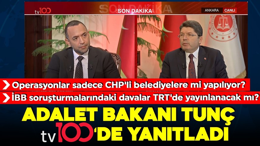 İBB soruşturmalarındaki davalar TRT'de yayınlanacak mı? Operasyonlar sadece CHP'li belediyelere mi yapılıyor? Adalet Bakanı Yılmaz Tunç tv100'de yanıtladı