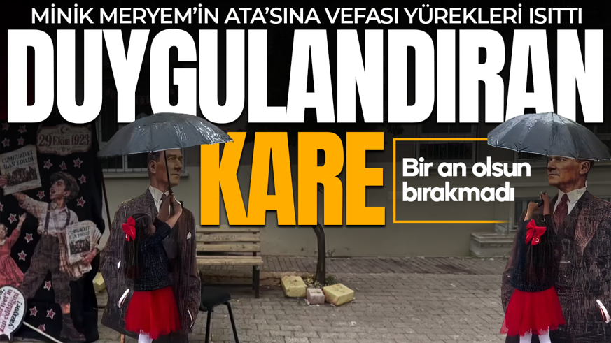 29 Ekim töreninde gözleri dolduran an: Minik öğrenci yağmurda Atatürk'ü şemsiyeyle korudu