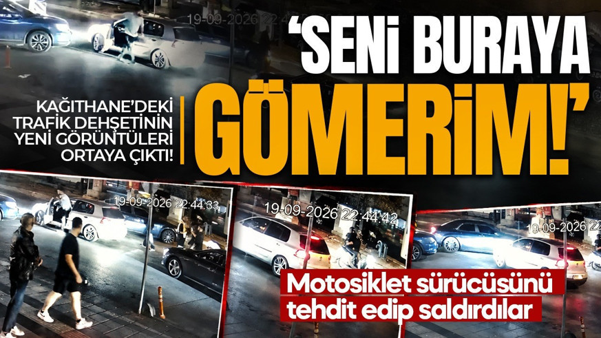 Kağıthane’deki trafik dehşetinin yeni görüntüleri ortaya çıktı! Motosiklet sürücüsünü tehdit edip saldırdılar: "Seni buraya gömerim"